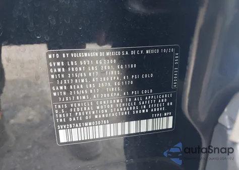 2021 Volkswagen Tiguan 2.0T Se/2.0T Se R-Line Black/2.0T Sel z USA, uszkodzony, nr VIN 3VV2B7AX1MM030765